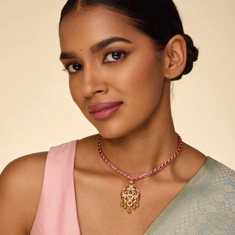 Silver Moopu Necklace with Ruby Peacock motif and gold beads: - Image 2