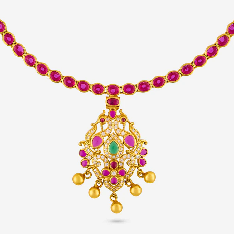 Silver Moopu Necklace with Ruby Peacock motif and gold beads: - Image 3