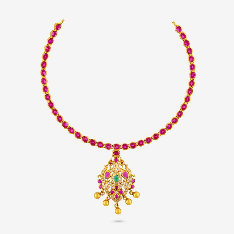 Silver Moopu Necklace with Ruby Peacock motif and gold beads: