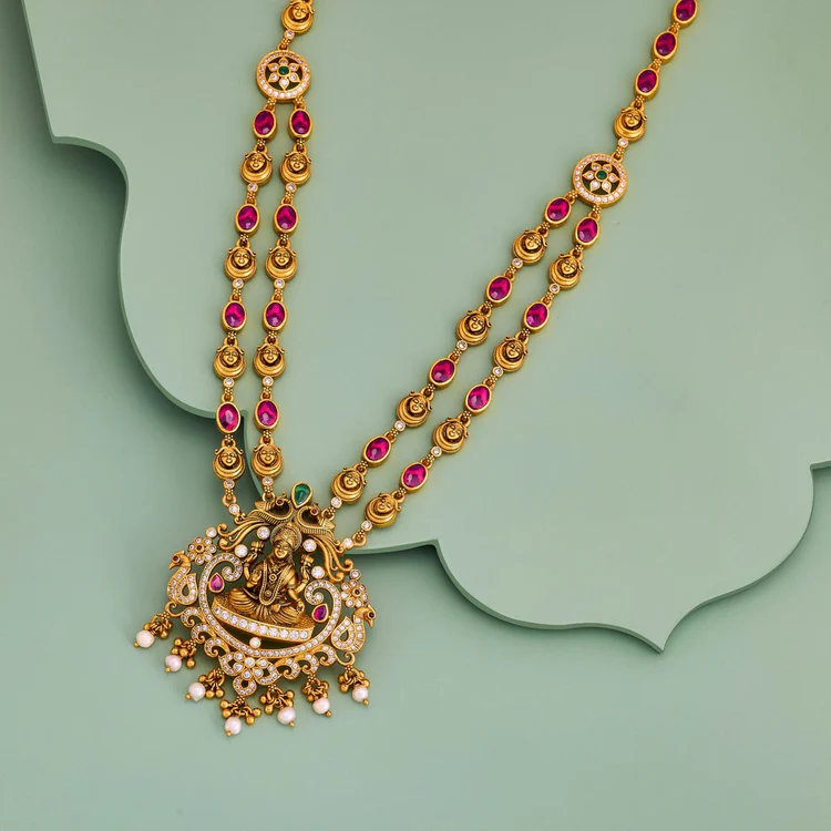 Silver Gold Polished Double-Layered Necklace with Ruby, Peacock Motif, Pearls & CZ Stones: - Image 2