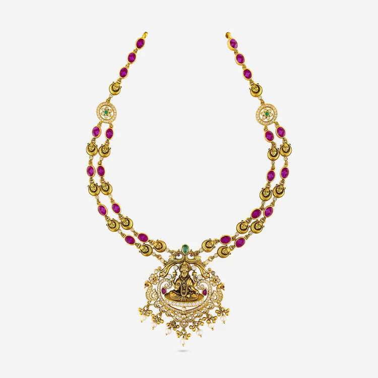 Silver Gold Polished Double-Layered Necklace with Ruby, Peacock Motif, Pearls & CZ Stones: