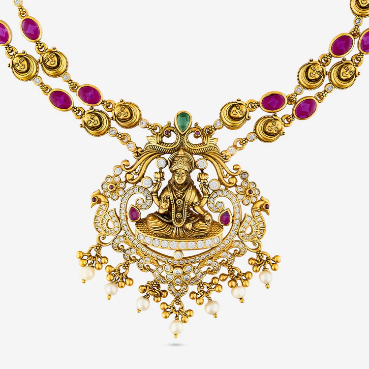 Silver Gold Polished Double-Layered Necklace with Ruby, Peacock Motif, Pearls & CZ Stones: - Image 3