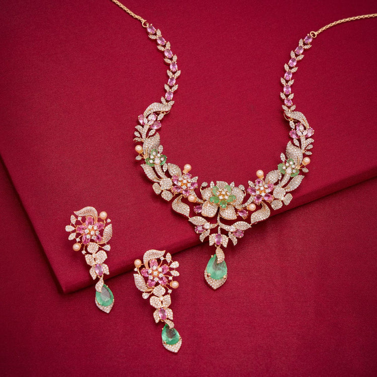 Zircon floral necklace with enamel