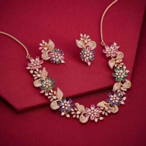 Silver Zircon Floral Necklace with Colored Stones
